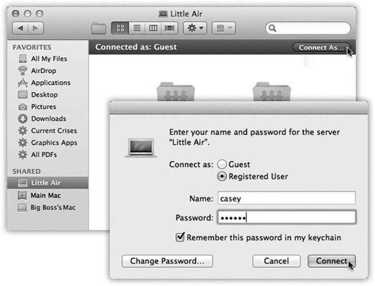 You can sign into your account on another Mac on the network (even while somebody else is using that Mac in person). Click Connect As and then enter your name and password. Turn on “Remember this password in my keychain” to speed up the process for next time. The Change Password button lets you change your account password on the other machine. No matter which method you use to connect to a shared folder or disk, its icon shows up in the Sidebar.
