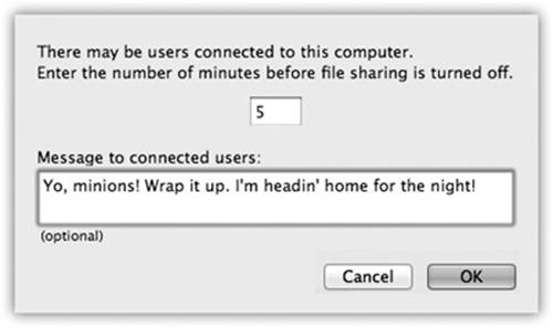 This dialog box asks you how much notice you want to give your coworkers that they’re about to be disconnected—and what message to send them before the ax falls.