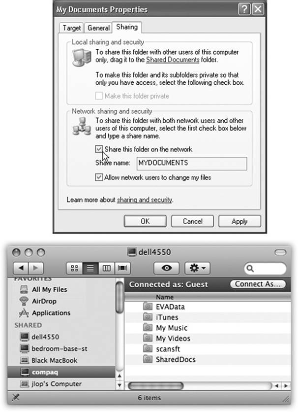 Top: To share a folder in Windows, right-click it, choose Properties, and then turn on “Share this folder on the network.” In the “Share name” box, type a name for the folder as it will appear on the network. (No spaces are allowed).Bottom: Back in the safety of OS X, click the PC’s name in the Sidebar. (If it’s part of a workgroup, click All, and then your workgroup name first.)Next, click the name of the shared computer. If the files you need are in a Shared Documents or Public folder, no password is required. You see the contents of the PC’s Shared Documents folder or Public folder, as shown here. Now it’s just like file sharing with another Mac.If you want access to any other shared folder, click Connect As, and see Figure 15-14.