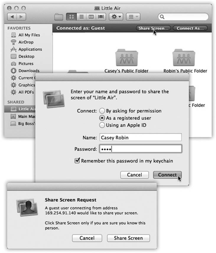 Top: Start by clicking Share Screen in the strip at the top of your Mac’s window.Middle: If you’ve been pre-added to the VIP list of authorized screen sharers, as already described, you can sign in with either your account name and password or your Apple ID. If not, you can request permission to share Other Mac’s screen (provided the Mac owner has turned on that option in System Preferences→Sharing→Screen Sharing→Computer Settings). You’ll be granted permission only if Other Mac’s owner happens to be sitting in front of it at the moment and has opted to accept such requests.Bottom: If you request permission, the other person (sitting at Other Mac) sees your request like this.