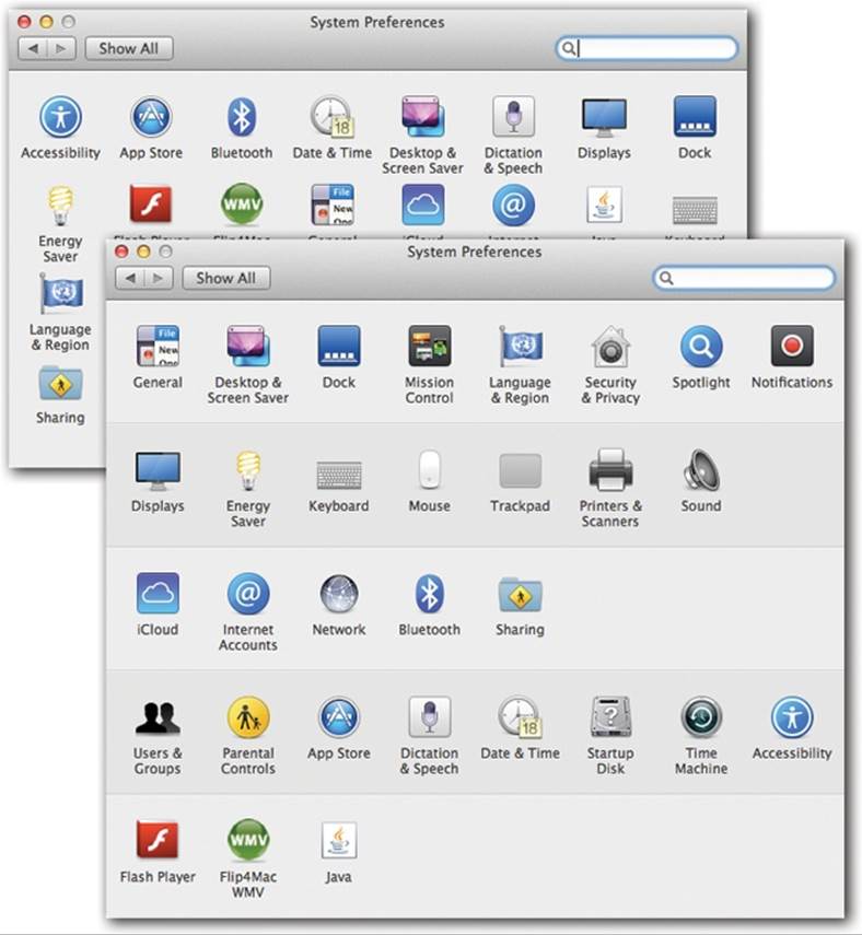You can view System Preferences icons alphabetically (top), rather than in rows by function (bottom); just choose View→Organize Alphabetically. Non-Apple preference panes appear in a final row at the bottom.Super-top-secret trick: If you choose Customize (from the View menu or, believe it or not, the Show All button), the icons here sprout checkboxes. You can turn off—and hide—the icons you never use. (Even when you’ve hidden some, you can still choose their names from the View menu.)