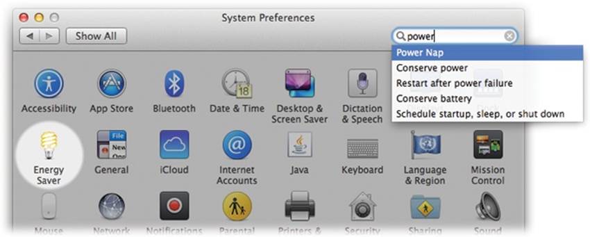 Even if you don’t know which System Preferences panel contains the settings you want to change, Spotlight can help. Type into the box at the top, and watch as the “spotlight” shines on the relevant icons.