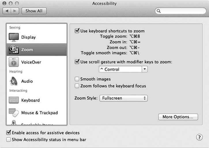 You’ll be amazed at just how much you can zoom into the Mac’s screen using this Accessibility pane. In fact, there’s nothing to stop you from zooming in so far that a single pixel nearly fills the entire monitor. (That may not be especially useful for people with limited vision, but it can be handy for graphic designers learning how to reproduce a certain icon, dot by dot.)