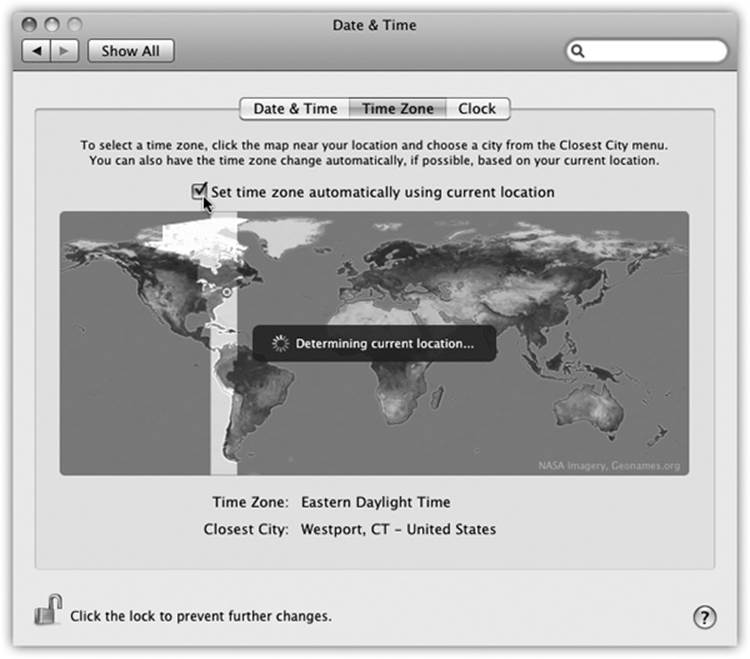 To set your time zone the quick and dirty way, click a section of the map to indicate your general region of the world. To teach the Mac more precisely where you are in that time zone, use the Closest City pop-up menu. (Or, instead of using the pop-up menu with the mouse, you can also highlight the text in the Closest City box. Then start typing your city name until the Mac gets it.)