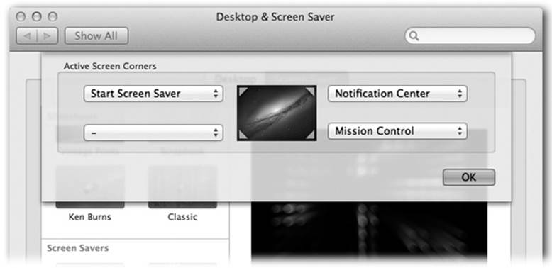 Click the Hot Corners button to open this “sheet,” which lets you designate certain corners of your screen as instant-activation spots, or never-come-on spots. Sliding the mouse to the Start Screen Saver corner, for example, turns on your screen saver right away.