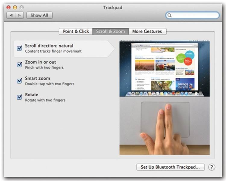 The Trackpad pane of System Preferences offers hours of entertainment—because each setting triggers a little movie that shows what Apple means.