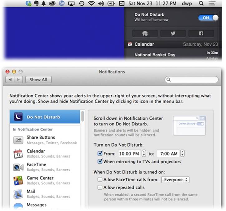 Top: If you open the Notification Center and then scroll upward—something you probably wouldn’t ordinarily think to try—this little Do Not Disturb panel heaves into view. Turn it on to stifle all notifications for the rest of the day.Bottom: In Mavericks, you can now set up Do Not Disturb on a schedule, allowing exceptions in case of emergency.