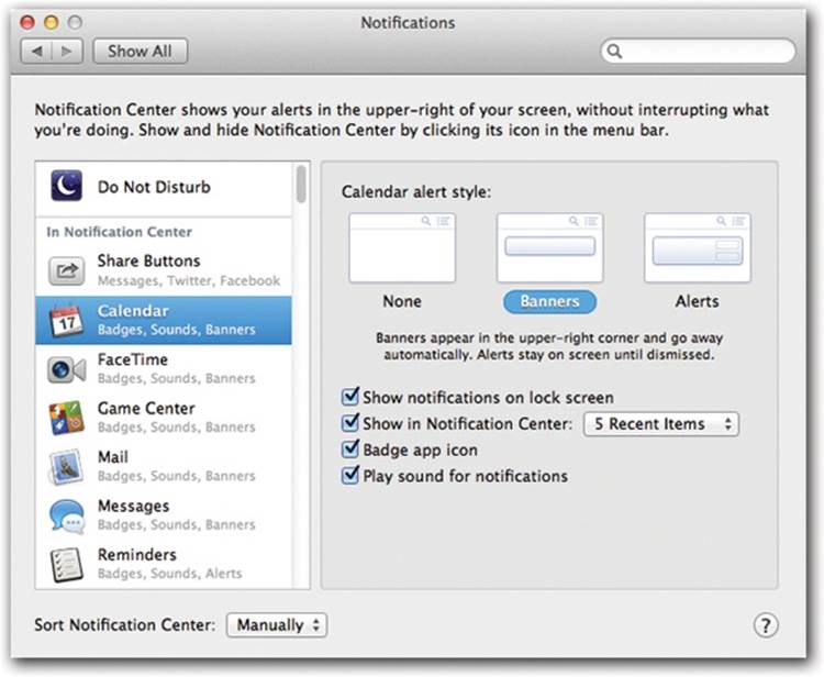 Here in System Preferences, you can specify which apps are permitted to intrude on the precious billboard that is your Notification Center—and how they’re permitted to intrude.Some individual apps, including Mail and Calendar, offer additional controls in their Preferences boxes. For example, in Calendar, you can turn off notifications from shared calendars and from meeting invitations.