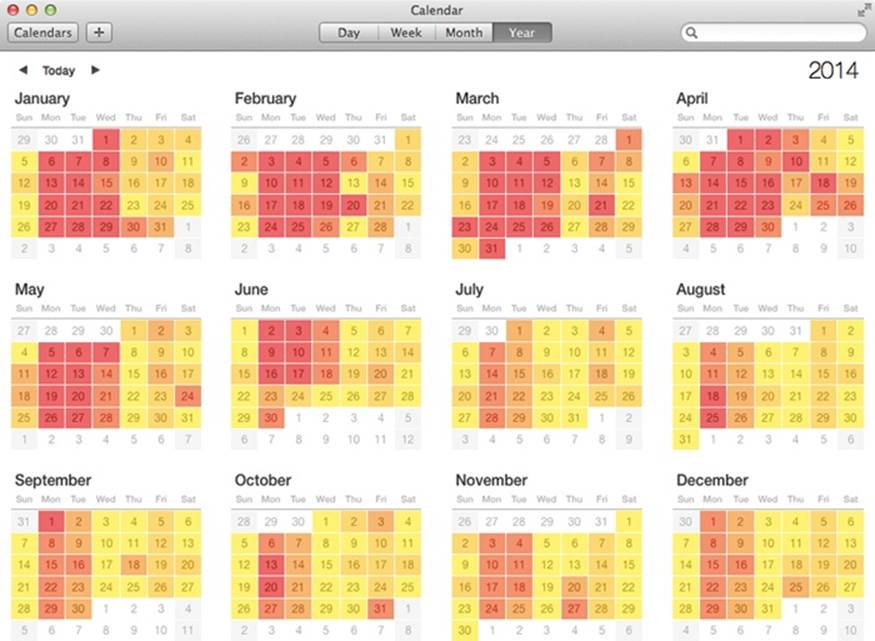 Year view shows the entire year. The colors of the squares are a “heat map” that indicate how hectic your schedule is. You see a range of shades from light yellow (not very busy) to deep red (you’re in big trouble). Double-click a date to open the Day view for that date.