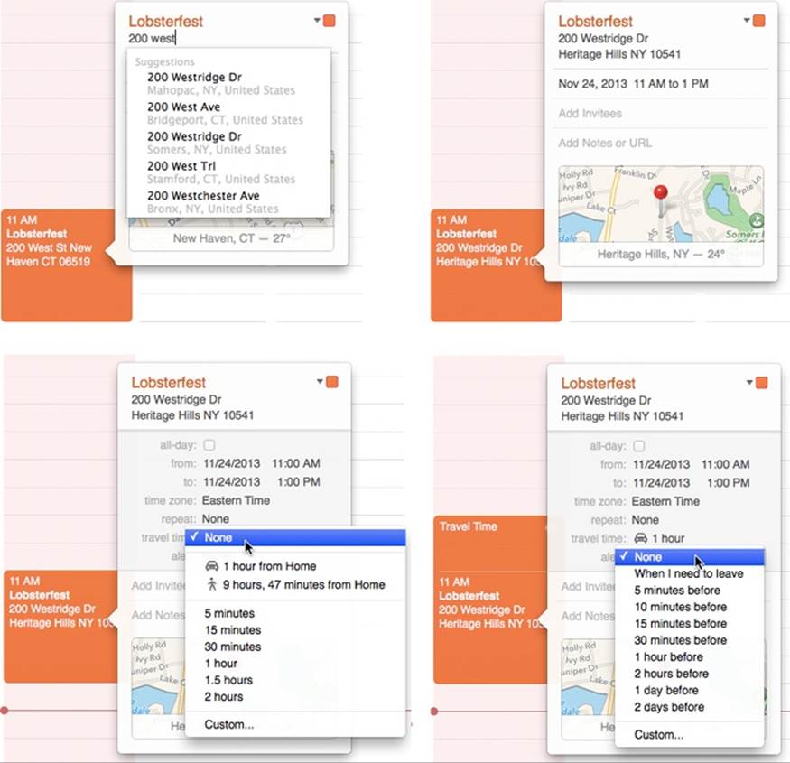 Here’s the life cycle of OS X’s location and travel-time feature.Top left: To make the travel-time calculation work, you must choose from Calendar’s list of location suggestions, based on what you’ve typed.Top right: You get a map and weather report for that location.Bottom left: Calendar knows how long it will take to get there…Bottom right: … and will remind you when it’s time to get going!