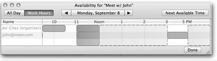 This scrolling display lets you spot times when your invitees are free for a meeting. Drag the vertical block (your proposed meeting) to a different time slot, or click Next Available Time to seek a time slot where everybody’s free. Good luck with that.