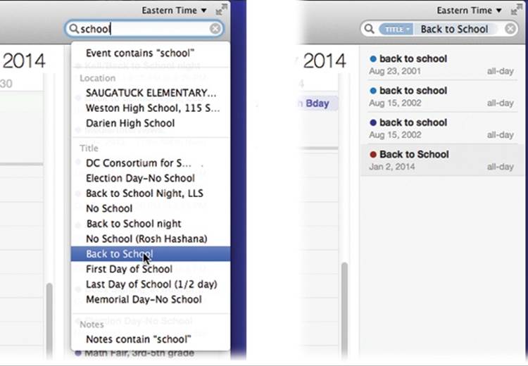 Left: Type into the search box; Calendar sprouts a list of suggestions (“Event contains ‘school,’ “Notes contains ‘school,’” and so on).Right: Click one to create a search token exactly like the ones that Spotlight and Mail use. They let you build up complex searches, bubble by bubble. Double-click any row of the list to jump to the corresponding event on the calendar and open up its summary balloon.