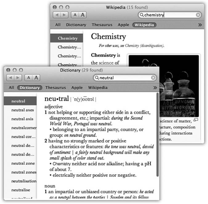 When you open the Dictionary, it generally assumes that you want a word’s definition (lower left). If you prefer to see the Wikipedia entry (top right) at startup time instead, for example, choose Dictionary→Preferences—and drag Wikipedia upward so that it precedes New Oxford American Dictionary. That’s all there is to it!