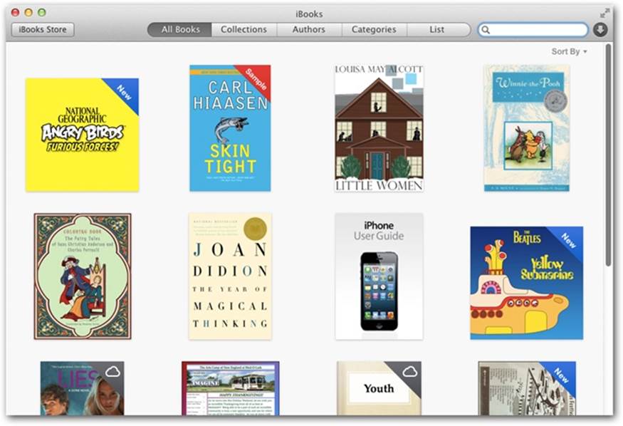 Your iBooks library is more than just book covers. Stamps at the top-right corner indicate which are new, which are free samples, and which are actually online, waiting to be downloaded.In the “Sort By” pop-up menu, you can choose Show Title & Author to add that information beneath the book covers.