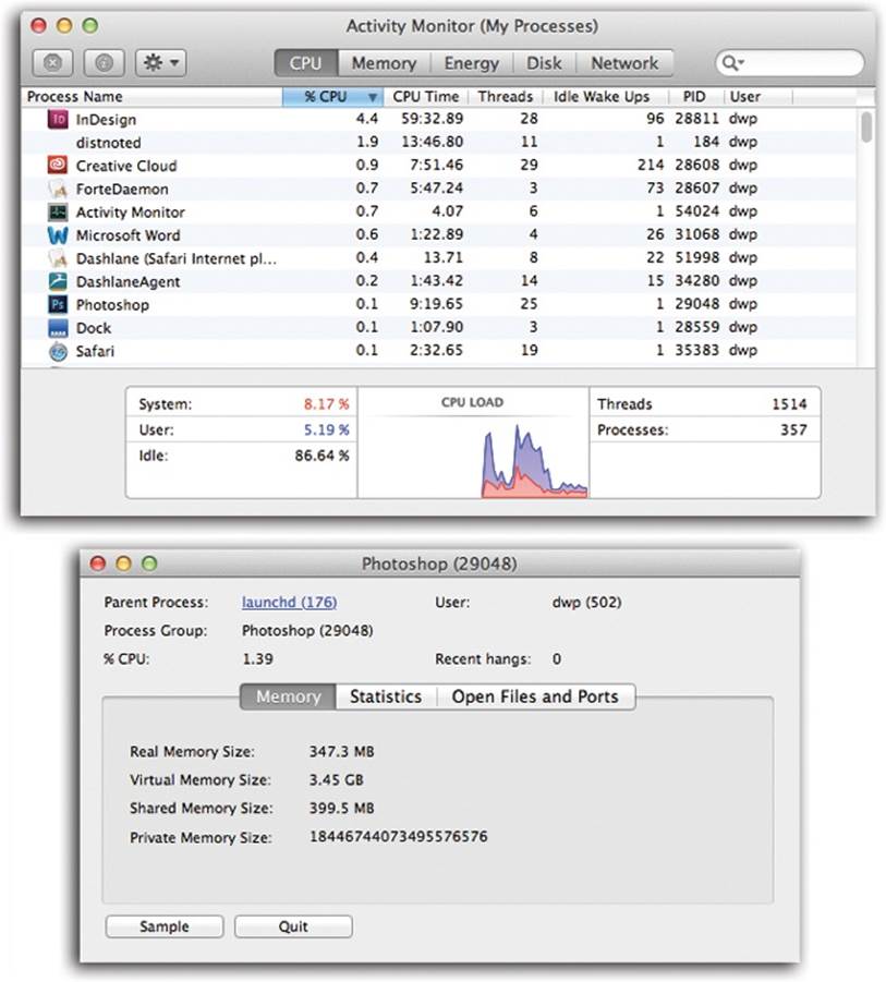 The many faces of Activity Monitor.Top: It can be a graph of your processor (CPU) activity, your RAM usage at the moment, your disk capacity, and so on. For most people, only the processes listed here with tiny icons beside their names are actual windowed programs—those with icons in the Finder, the ones you actually interact with.The top-left Quit Process button () is a convenient way to jettison a locked-up program when all else fails.Bottom: If you double-click a process’s name, you get a dialog box that offers stunningly complete reams of data (mostly of interest only to programmers) about what that program is up to. (The Open Files and Ports tab, for example, shows you how many files that program has opened, often invisibly.)