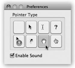 Unlike the Shift- ⌘-3 or Shift- ⌘-4 keystrokes, Grab lets you include the pointer/cursor in the picture—or hide it. Choose Grab→Preferences and pick one of the eight pointer styles, or choose to keep the pointer hidden by activating the blank button in the upper-left corner.