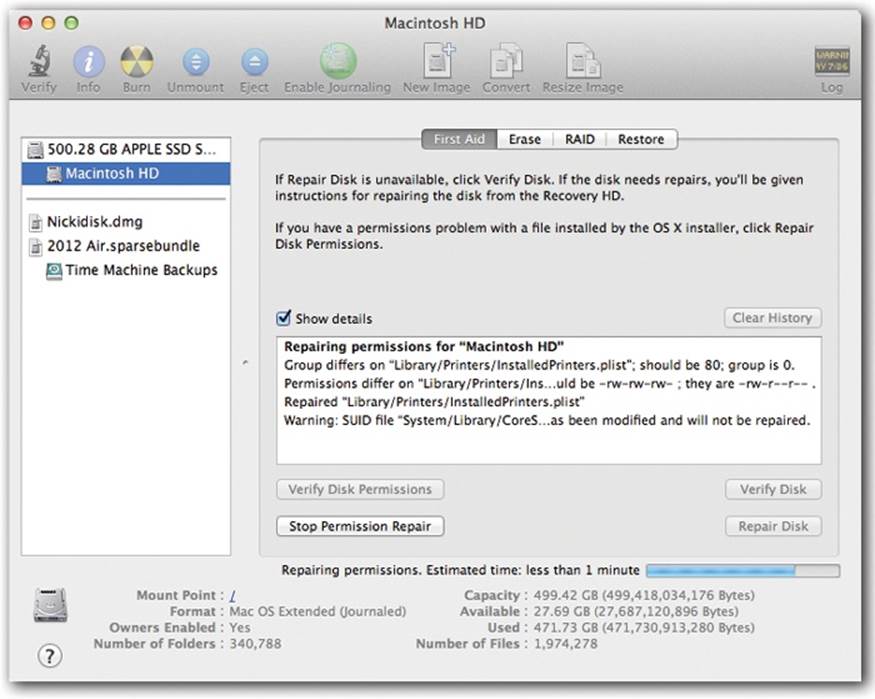 Click your hard drive’s name in the left-side list, click the First Aid tab, click Repair Disk Permissions, and then read an article while the Mac checks out your disk. If the program finds anything amiss, you’ll see messages like these. Among the text, you may recognize some Unix shorthand for read, write, and execute privileges.