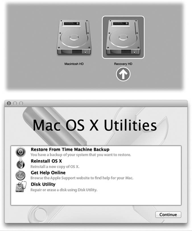 Top: This simple display of disk icons is known as the Startup Manager. It’s an easy way to specify which disk you want to start up from.Bottom: Here’s the point of the Recovery HD partition: a screen full of emergency utilities that can fix your Mac’s regularly scheduled hard drive. If there’s a pop-up menu at the bottom, it’s for choosing a WiFi hotspot so that you can access the rest of your network. That might be useful when, for example, you want to access your Time Machine backups.