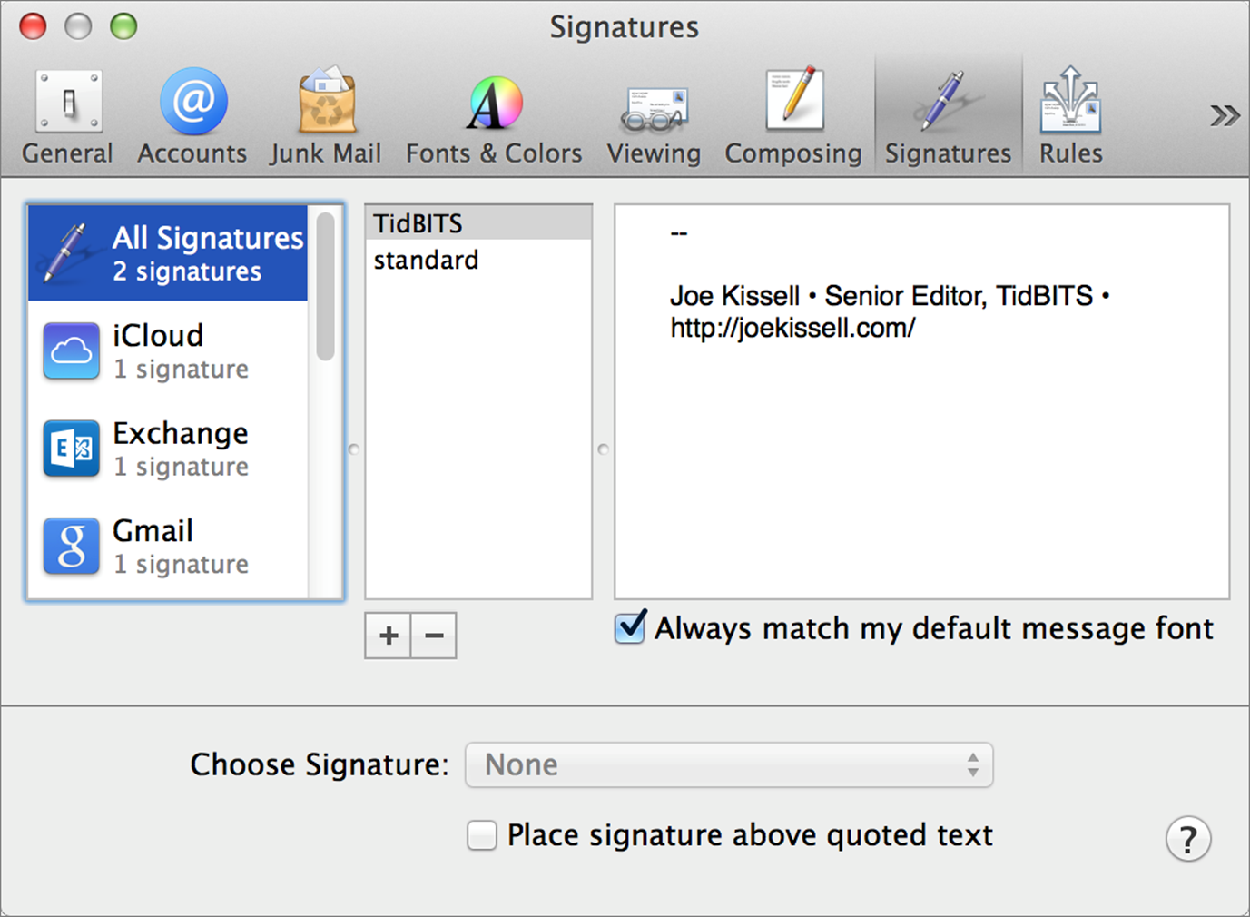 **Figure 10:** Enter signatures, and assign them to accounts, in the Signatures preference pane.