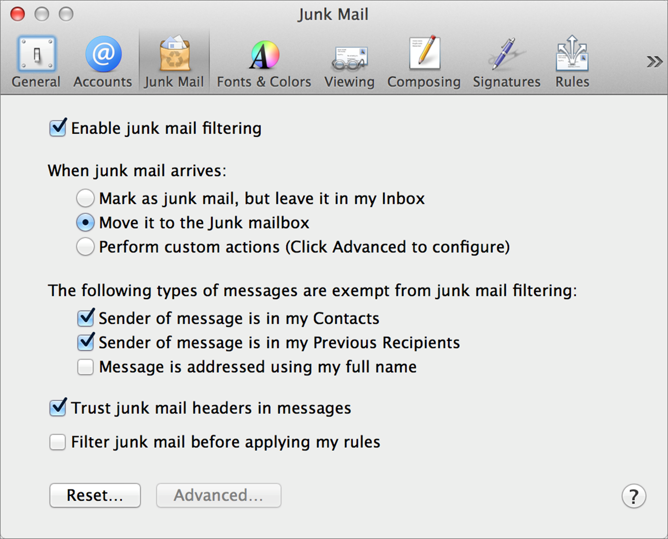 **Figure 17:** These are what I consider to be the optimal Junk Mail settings in Mail.