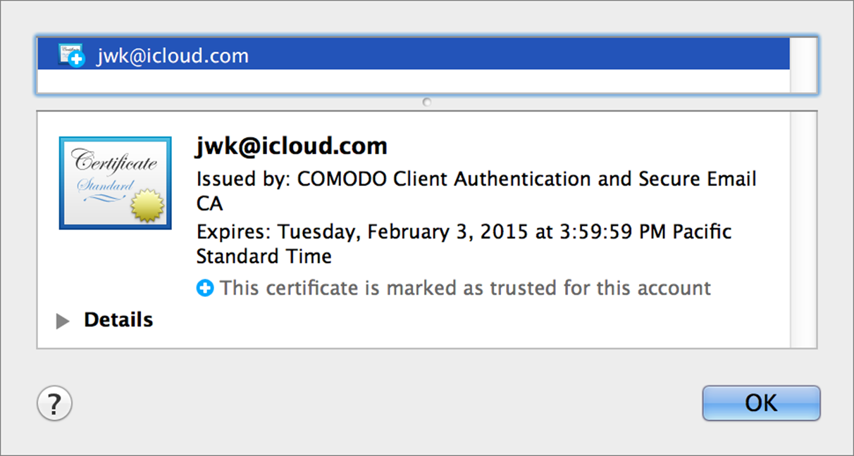 **Figure 20:** Click the checkmark  icon in the message header to show the certificate, just like this.