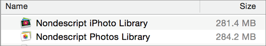 **④** The libraries say they’re roughly the same size, but in fact, they’re sharing disk space via hard links.