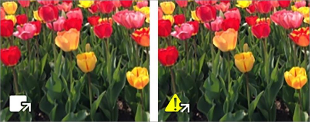 **⑤** Left: A self-managed image has a white box and an arrow in the bottom-left corner. Right: If Photos can’t find that file, the white box turns into a yellow alert symbol.