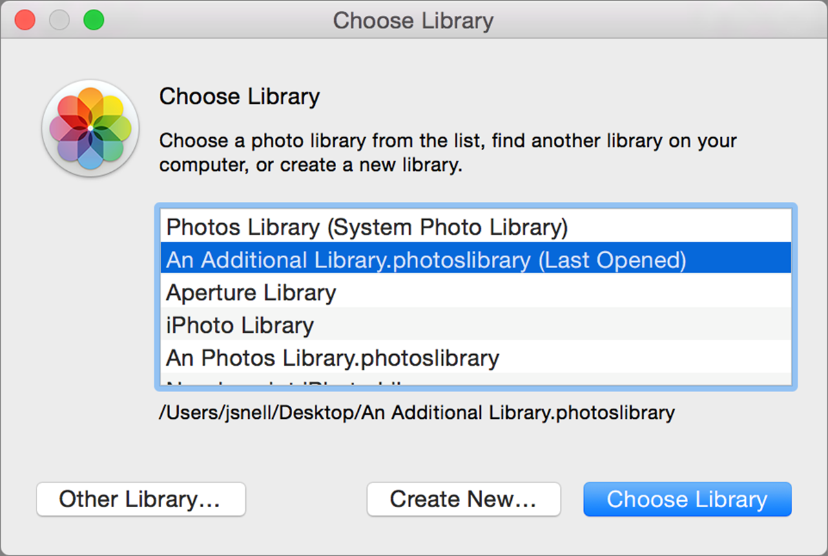 **②** Hold down Option while opening Photos to see the Choose Library dialog.