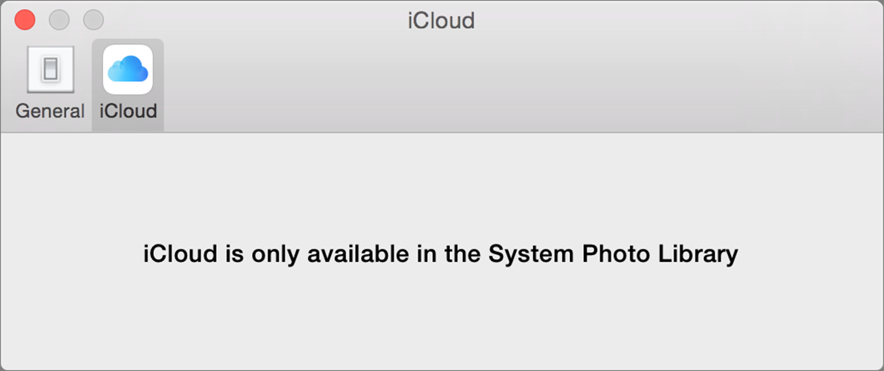 **③** If you’re not using the System Photo Library, you’ll find no iCloud options whatsoever in the Photos preferences.