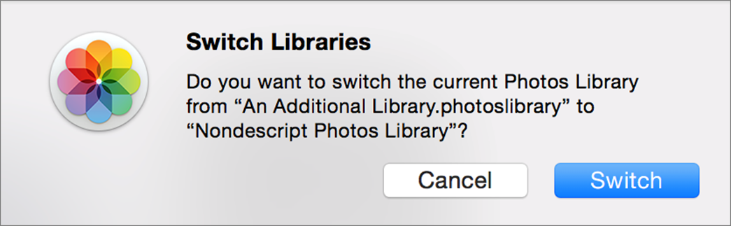 **④** When you double-click a Photos library in the Finder, Photos asks if you want to switch to that library.