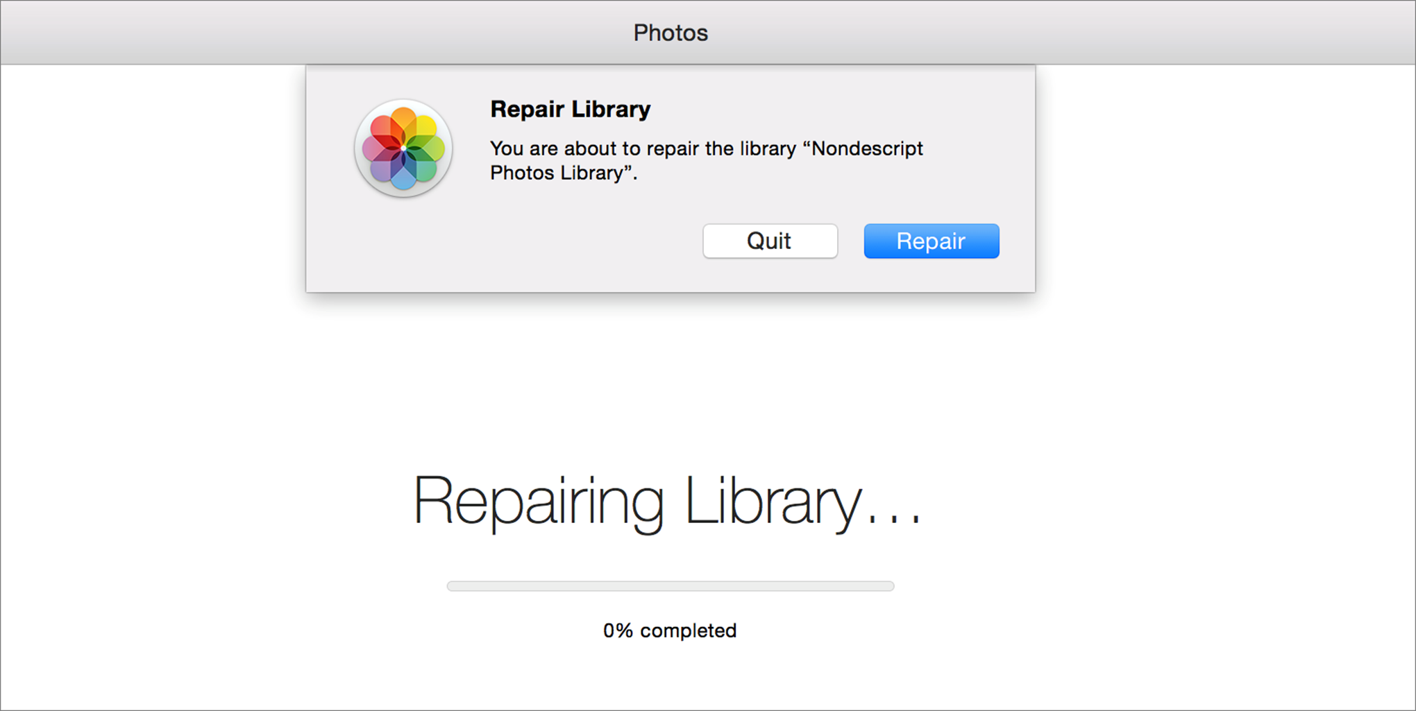 **⑤** Hold down Command and Option when opening a library (or the Photos app itself) to kick off a repair process.