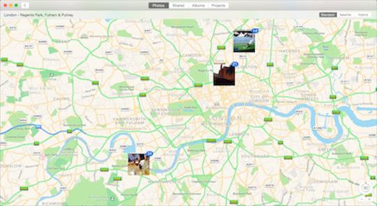 **③** When you click a header that lists place names, you see a view of geotagged photos on a map.