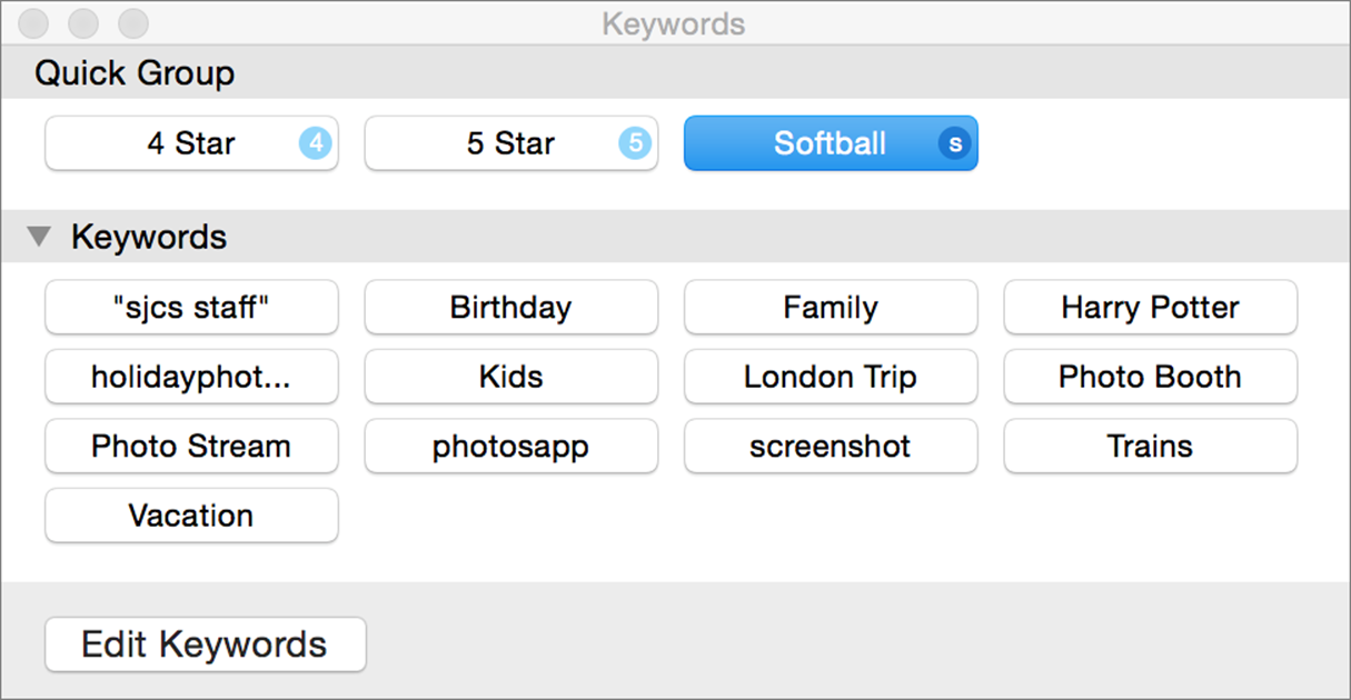 **④** The Keyword Manager lets you add keywords to photos quickly.