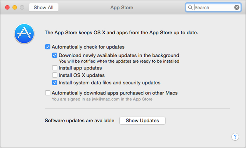 **Figure 2:** Configure automatic updates in the App Store preference pane.