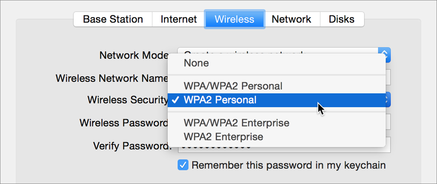 **Figure 9:** Wireless security options for a recent Apple AirPort base station, as shown in the AirPort Utility app. (Other companies’ wireless routers are usually configured via a Web browser.) Choose any option that includes “WPA” and you should be fine.