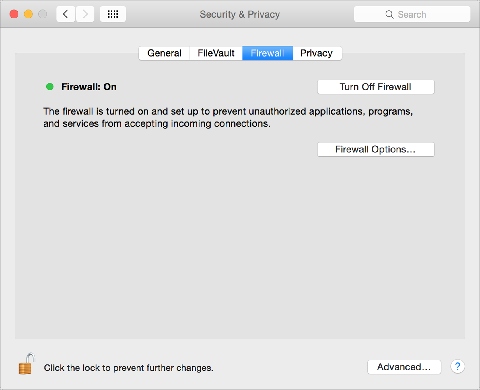 **Figure 11:** Here’s where you configure the built-in OS X firewall.