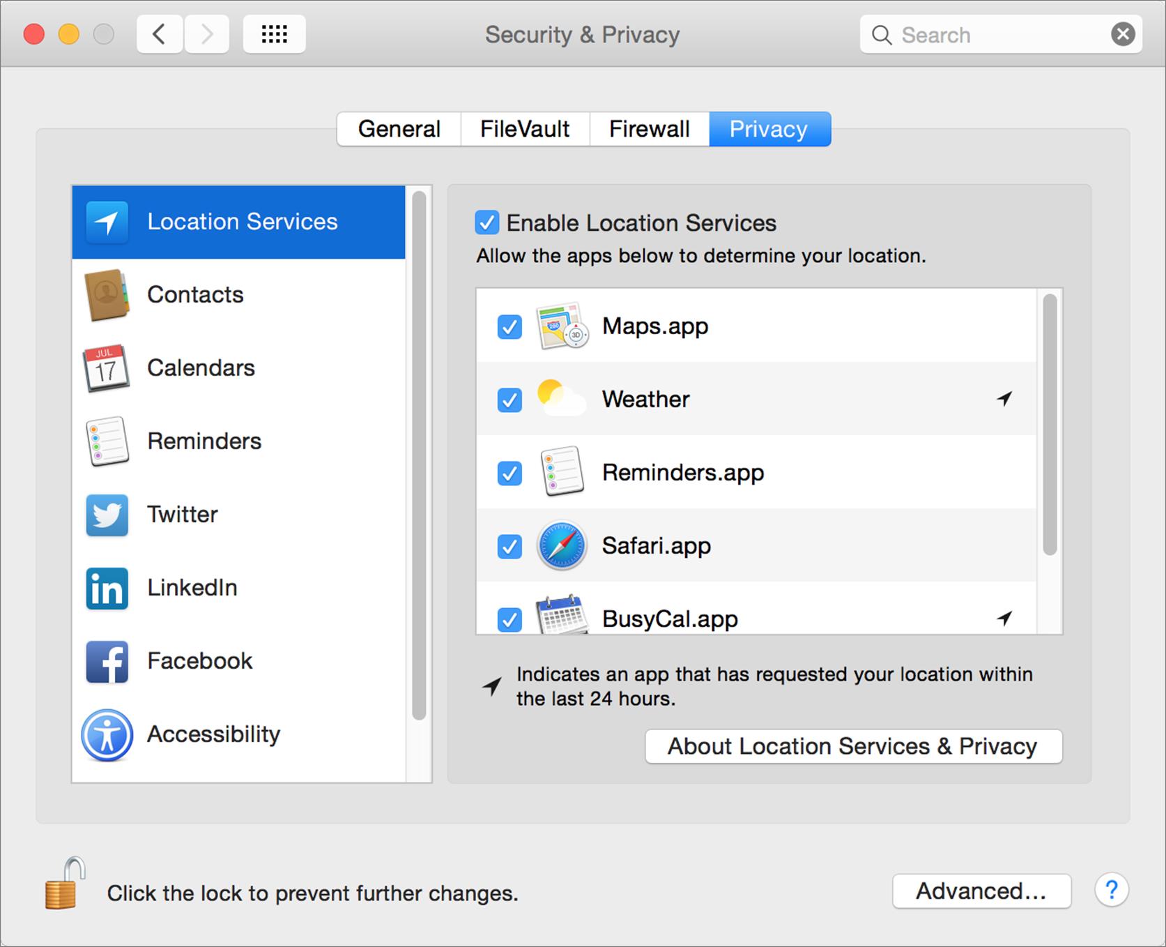 **Figure 16:** Enable location services generally, and for individual apps, in this view of the Security & Privacy preference pane.