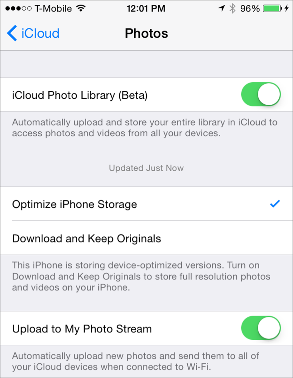 ①  Turn on iCloud photo syncing options here.
