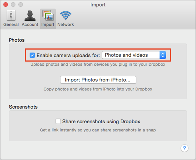 ②  Enable camera uploads in Dropbox with this checkbox.