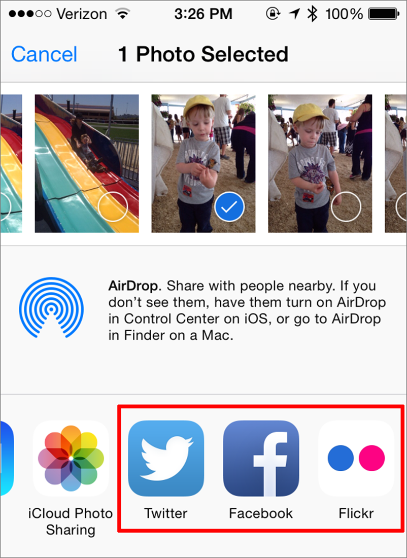 ①  After you tap the Share button in Photos for iOS, tap Twitter, Facebook, or Flickr (outlined here in red) to send the photo(s) to that service.