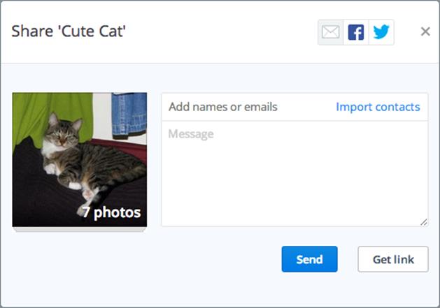 ③  In this dialog, you can share photo albums via email (shown here), Facebook, or Twitter.