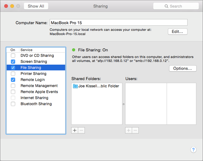 ①  Turn on File Sharing in the Sharing pane of System Preferences to allow other Macs and PCs on the local network to access shared folders on your Mac.