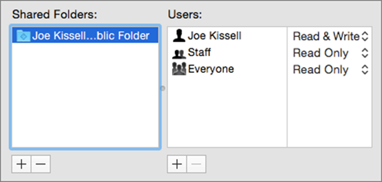 ②  Add shared folders and specify user permissions in this portion of the window. You can also change user permissions using the pop-up menu next to the user’s name, or click the minus   button to delete a user.