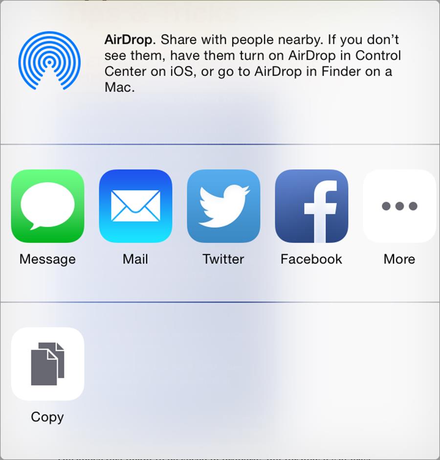 ④  The iOS 8 share sheet lets you send the URL for a shared document in various ways.