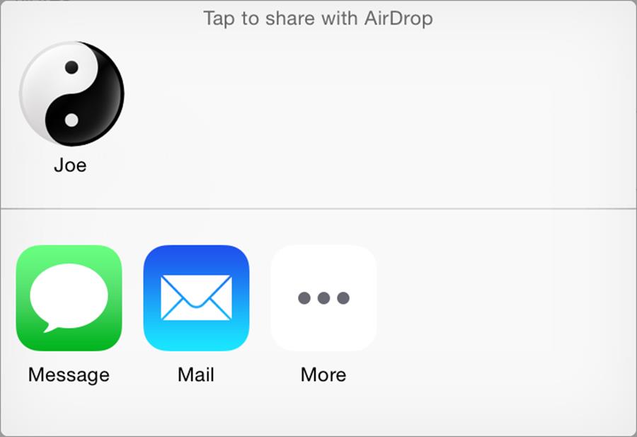 ②  In Contacts for iOS, this is what you see after you tap Share Contact. The AirDrop area at the top shows any nearby devices with AirDrop enabled. Third-party apps can add new icons to the bottom area.