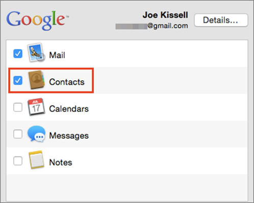 ①  To sync contacts from a cloud service such as Google with Contacts on your Mac, make sure Contacts is selected.