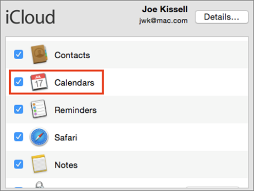 ①  Make sure Calendars is selected to sync calendars from a cloud service such as iCloud with Calendar on your Mac.
