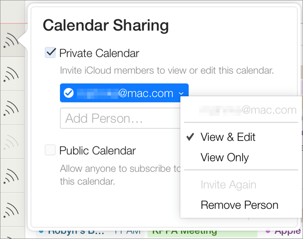 ①  After selecting Private Calendar and adding someone with whom to share it, choose View & Edit to enable read-write syncing.