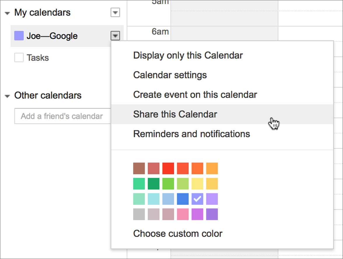 ②  Choose Share this Calendar to share a Google Calendar.