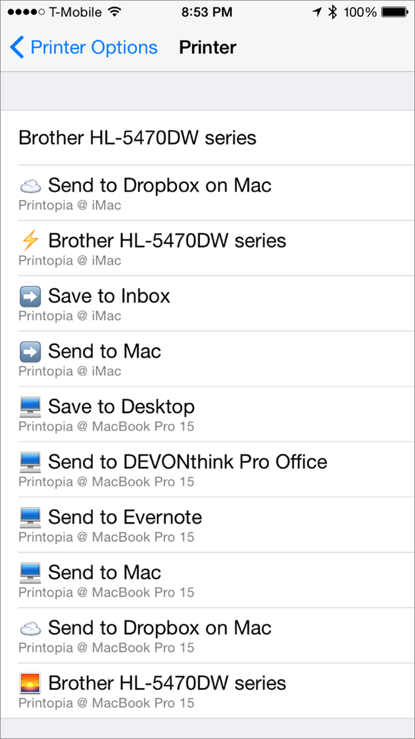 ②  When you tap Print in an iOS app with Printopia enabled on a local Mac, you see not only shared printers but also apps and folders to which you can send PDF files.
